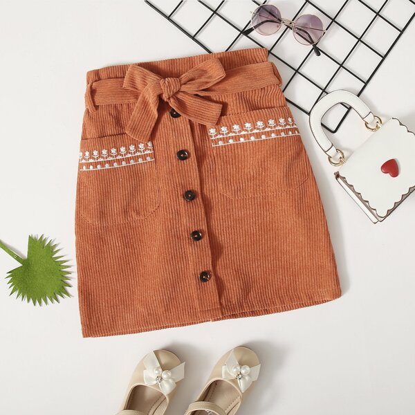 

Girls Floral Embroidered Paperbag Waist Cord Skirt, Burnt orange