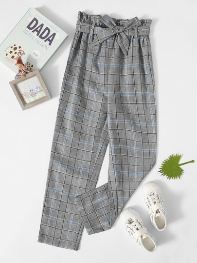 SHEIN Girls Paperbag Waist Glen Plaid Belted Pants