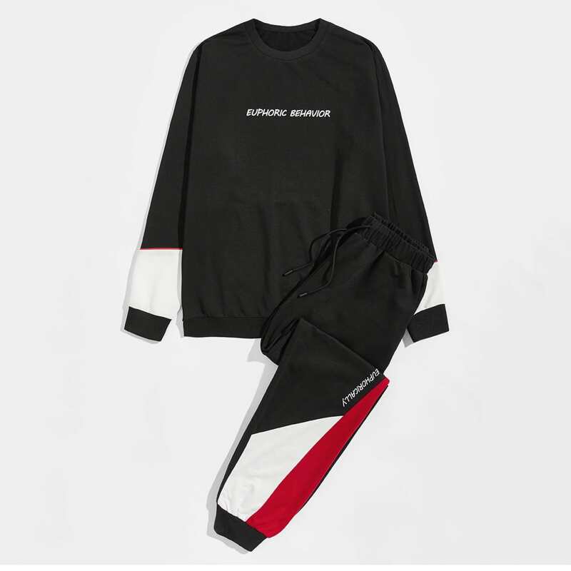 

Guys Letter Graphic Colorblock Sweatshirt & Sweatpants, Black