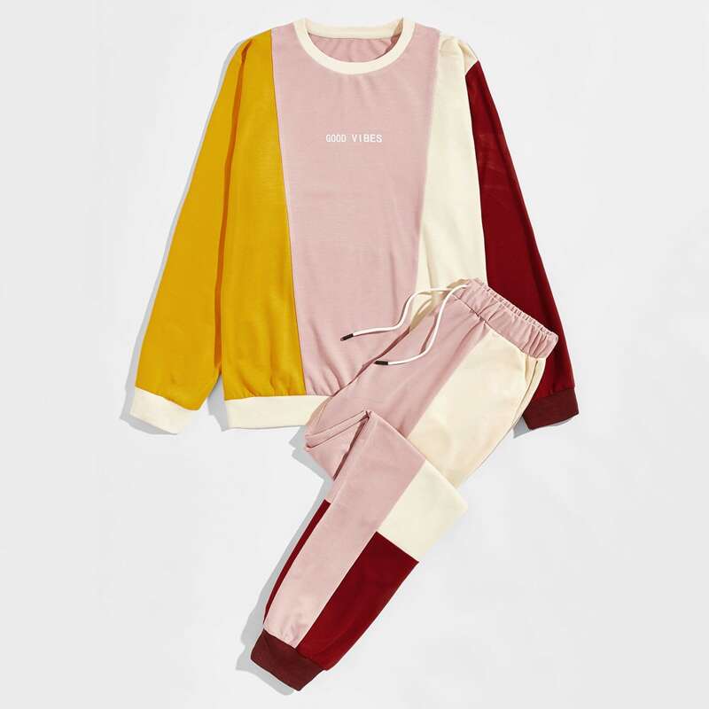 

Guys Letter Graphic Colorblock Sweatshirt & Sweatpants, Multicolor
