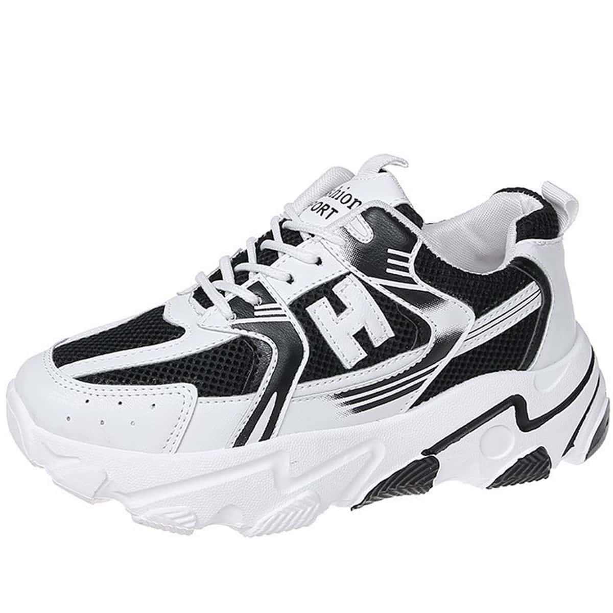 

Lace-up Mesh Panel Chunky Sneakers, Black and white
