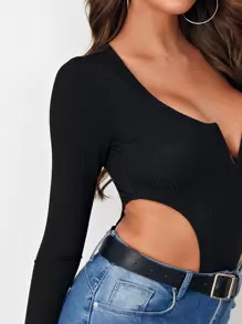 SHEIN Ribbed High-Leg Cutout Bodysuit - Black - View 5