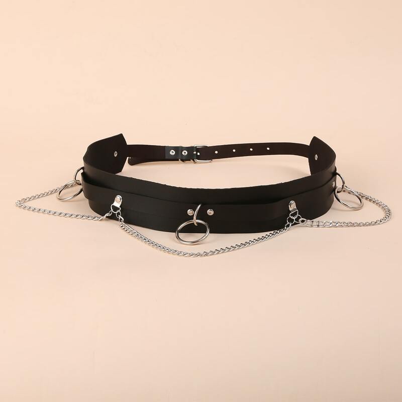 

Ring & Chain Decor Buckle Belt, Black