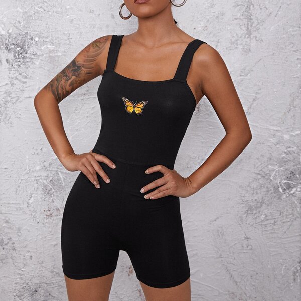 

Butterfly Print Unitard Romper, Black