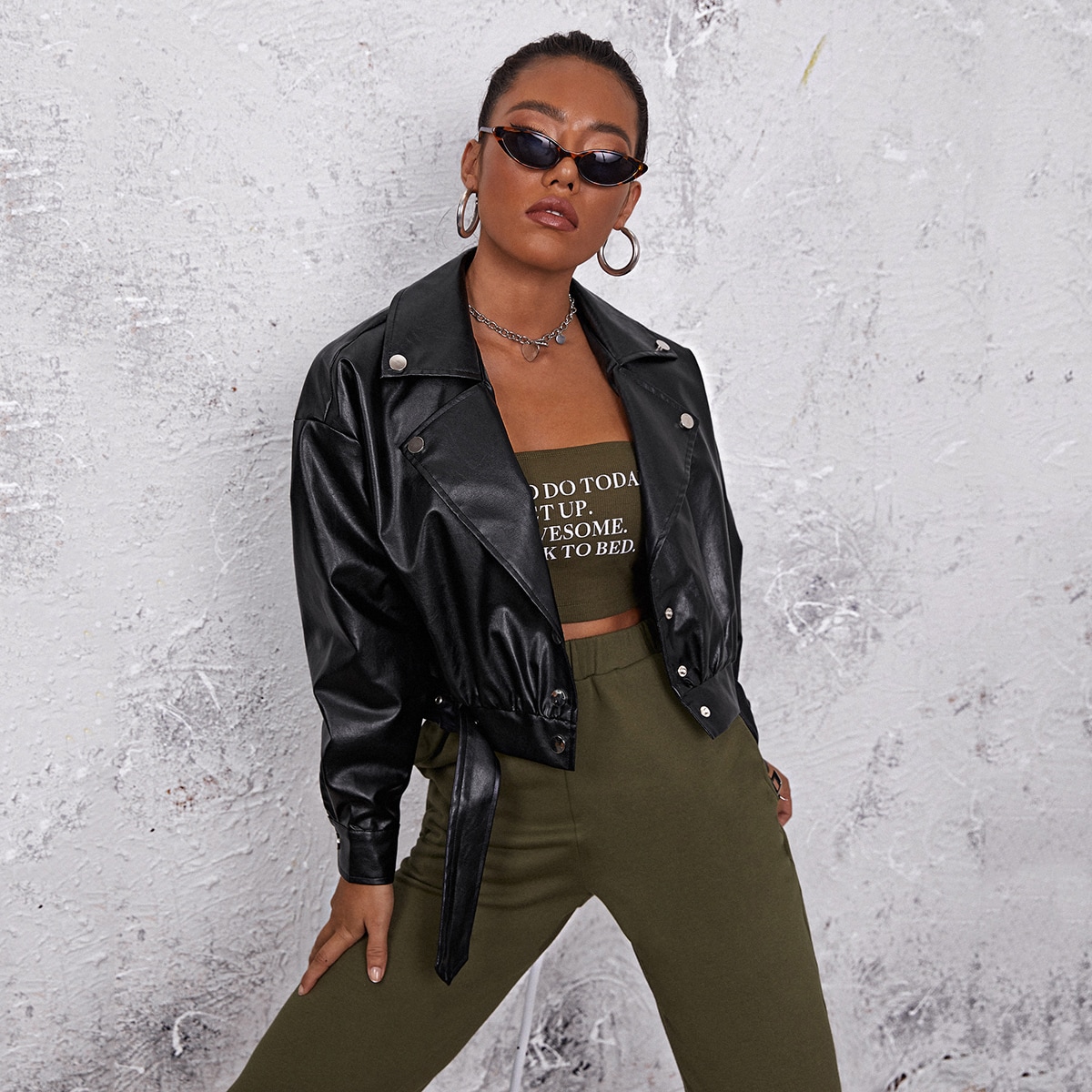 Image of Buckle Belted PU Leather Jacket