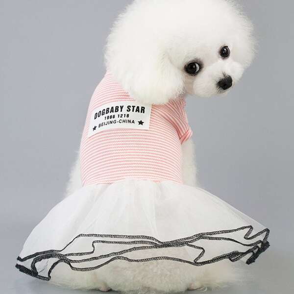 

1pc Mesh Hem Dog Striped Dress, Pink