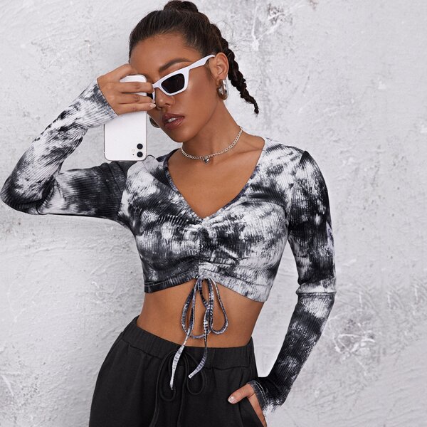 

Drawstring Front Tie Dye Crop Top, Black and white