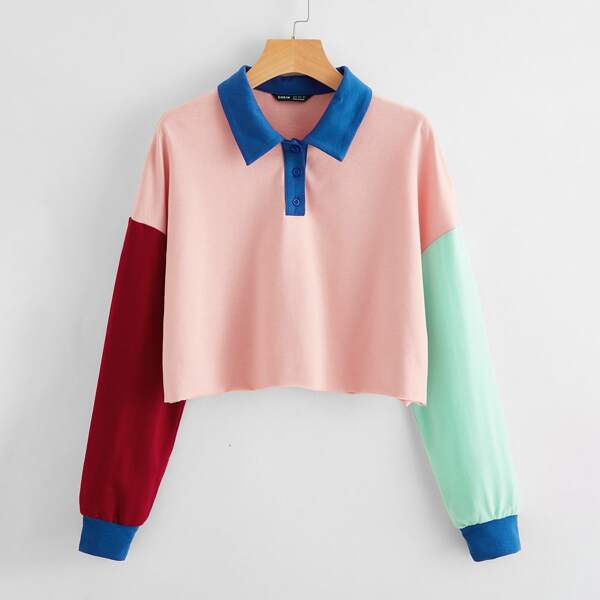 

Collared Buttoned Half Placket Colorblock Pullover, Multicolor