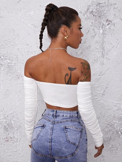 Ruched Drawstring Off-the-Shoulder Crop Top