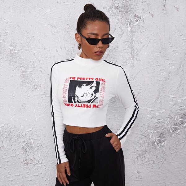 

Slogan and Figure Graphic Striped Side Tee, White