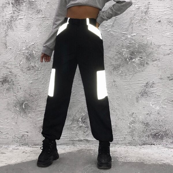 

Reflective Panel Slant Pocket Push Buckle Belted Wind Pants, Black