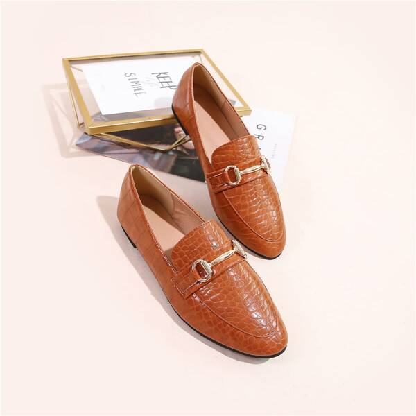 

Metal Decor Croc Embossed Flat Loafers, Camel