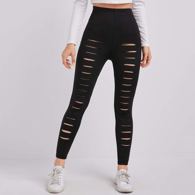 

Cut Out Elastic Waist Leggings, Black