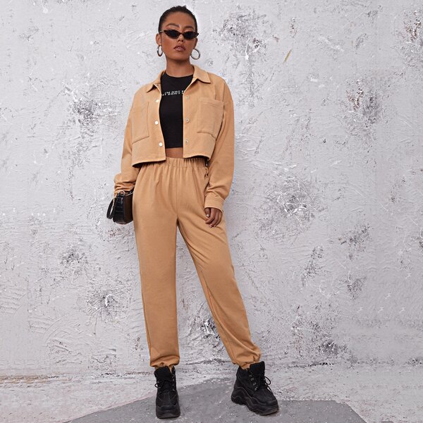 

Drop Shoulder Button Up Jacket & Pants Set, Camel