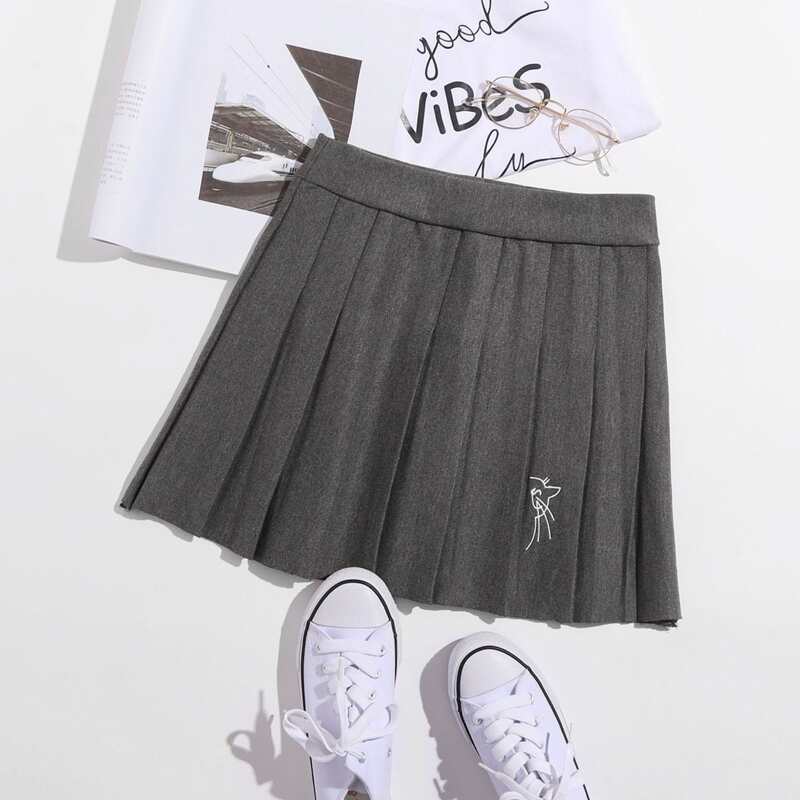 

Cartoon Embroidery Pleated Mini Skirt, Grey