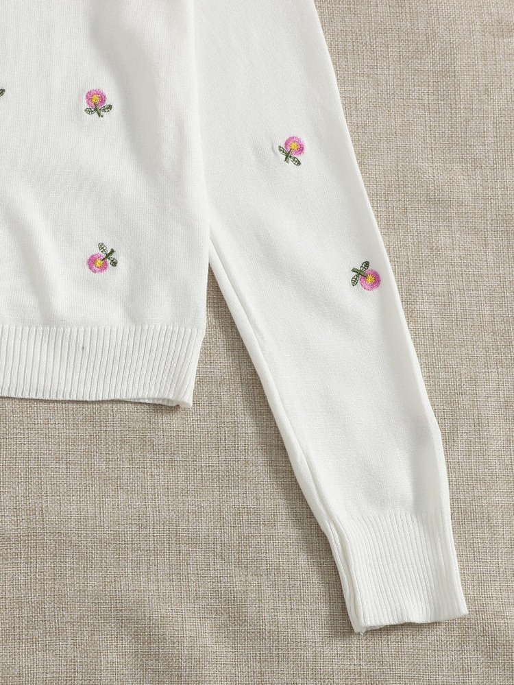 Floral Embroidery Button Up Cardigan - White - View 5