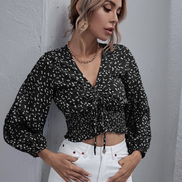 

Ditsy Floral Drawstring Ruched Shirred Blouse, Black