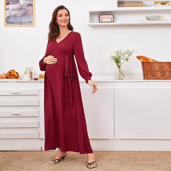 

Maternity Surplice Neck Tied Maxi Dress, Burgundy