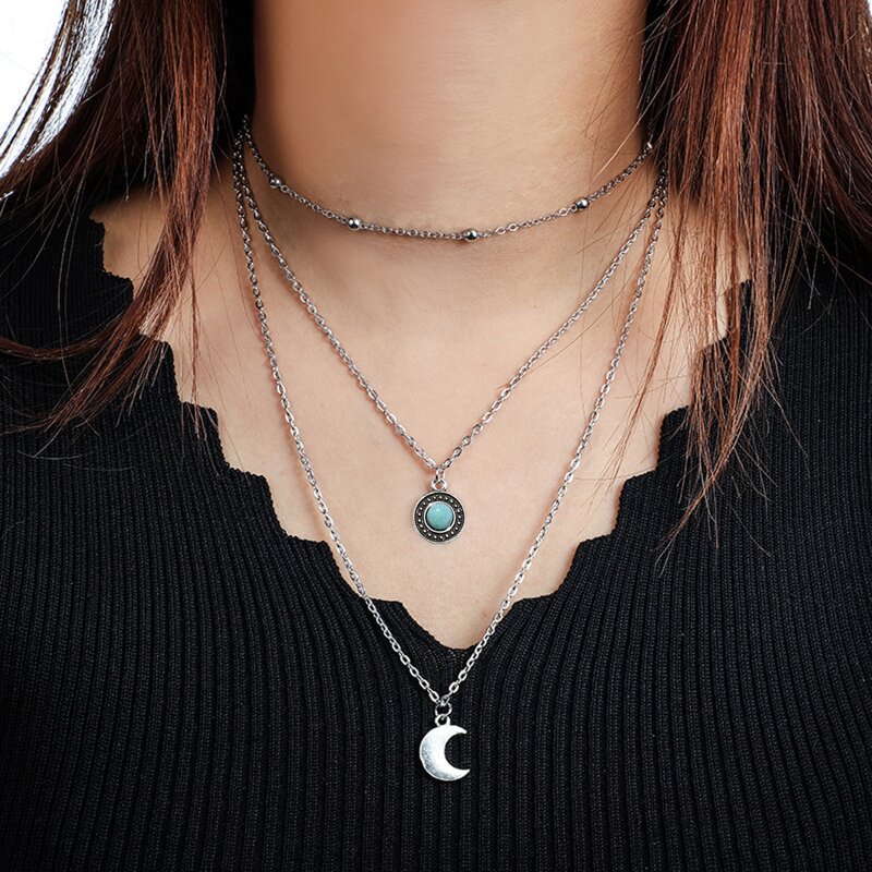 Moon & Gemstone Layered Necklace, Silver