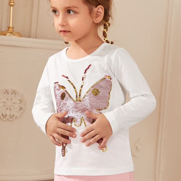 

Toddler Girls Butterfly Reversible Sequin Patched Tee, White