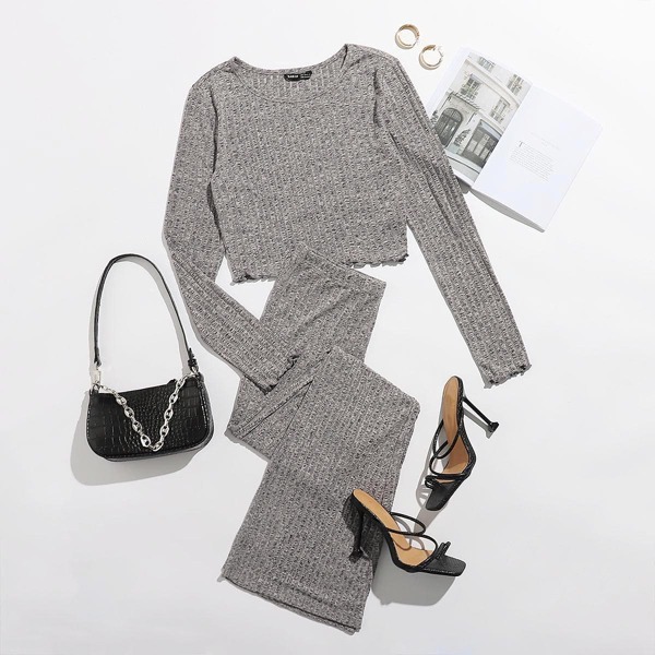 

Lettuce Trim Rib-knit Crop Top & Flare Leg Pants Set, Grey