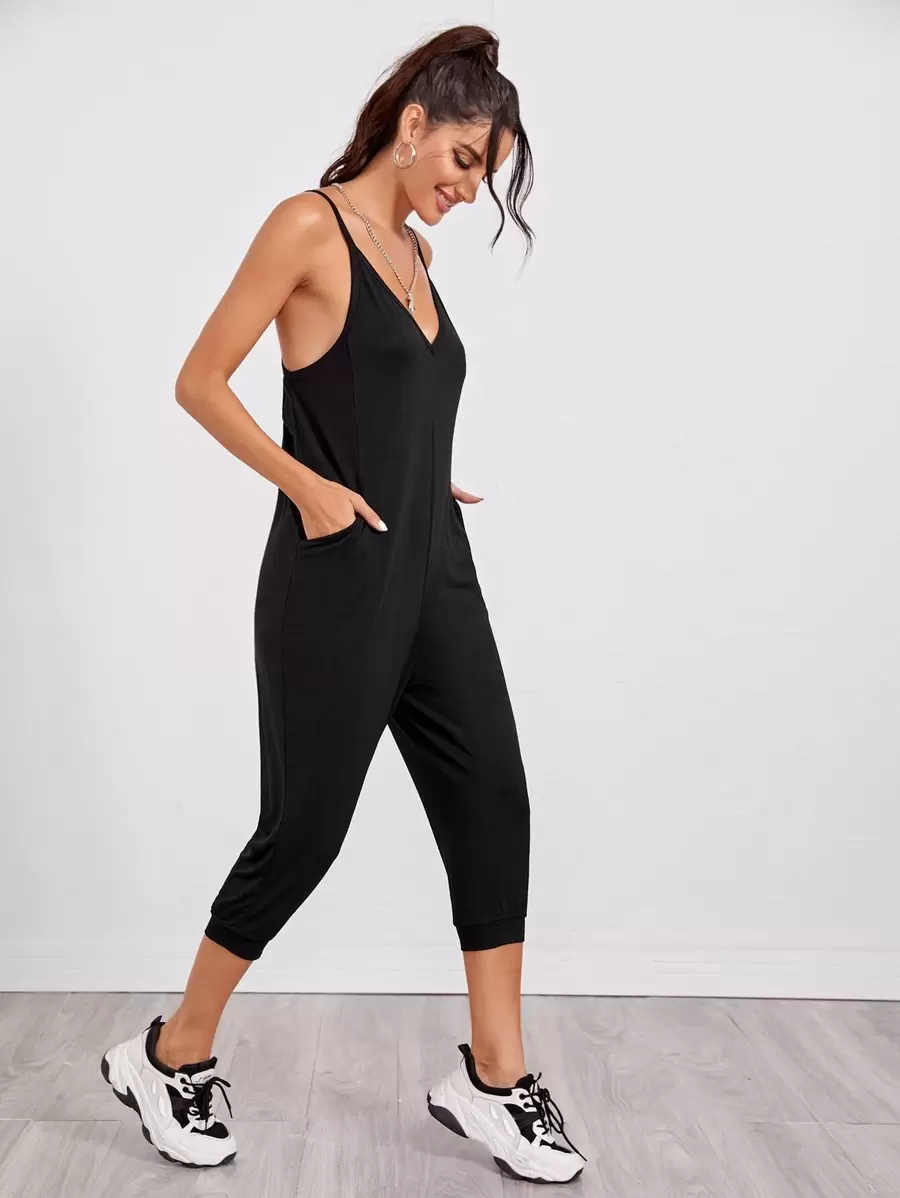 SHEIN LUNE Double V Neck Cami Jogger Jumpsuit - Black - View 1