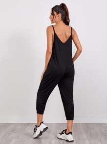SHEIN LUNE Double V Neck Cami Jogger Jumpsuit - Black - View 2