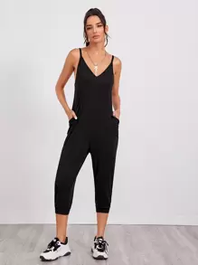 SHEIN LUNE Double V Neck Cami Jogger Jumpsuit - Black - View 3