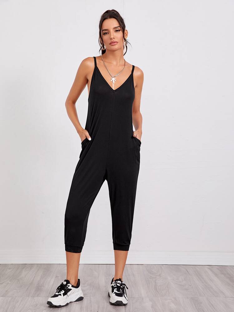 SHEIN LUNE Double V Neck Cami Jogger Jumpsuit - Black - View 3
