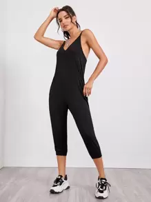 SHEIN LUNE Double V Neck Cami Jogger Jumpsuit - Black - View 4