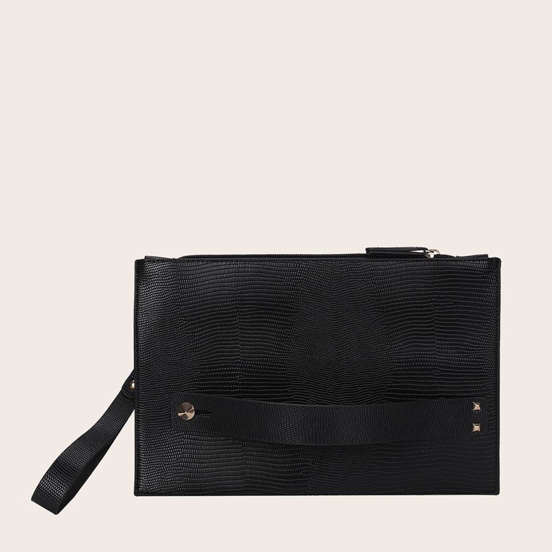 

Lizard Embossed Clutch Bag With Wristlet, Black