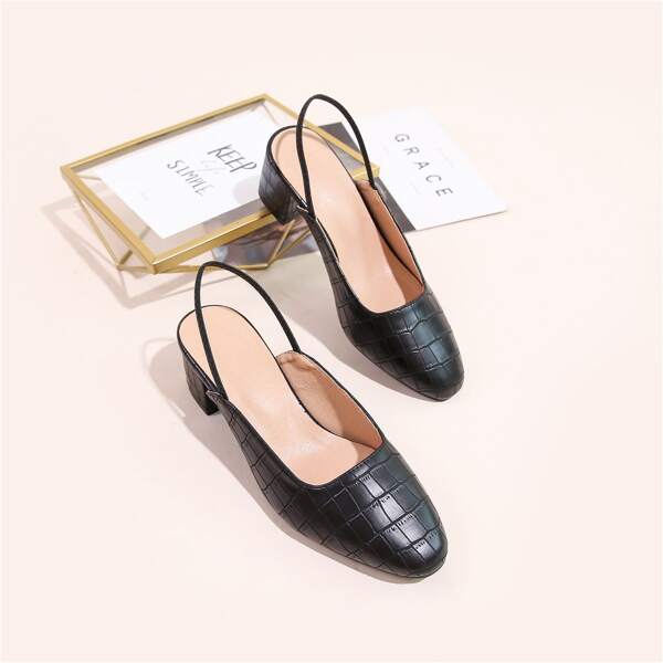 

Croc Embossed Slingback Chunky Heeled Pumps, Black