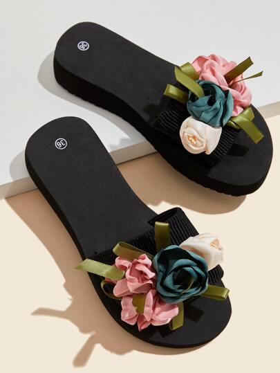 女士时尚平底凉鞋，撞色花朵图案，一脚蹬设计，休闲夏季沙滩鞋，女士拖鞋
