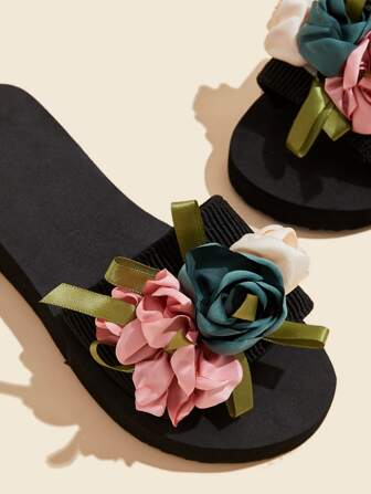 女士時尚平底涼鞋,拼色花朵便搭拖鞋,休閒夏季海灘鞋