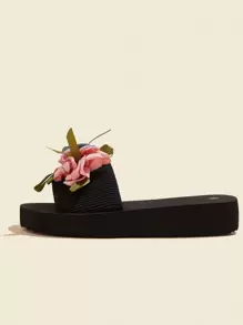 女士时尚平底凉鞋，撞色花朵图案，一脚蹬设计，休闲夏季沙滩鞋，女士拖鞋 - 彩色 - 查看 5
