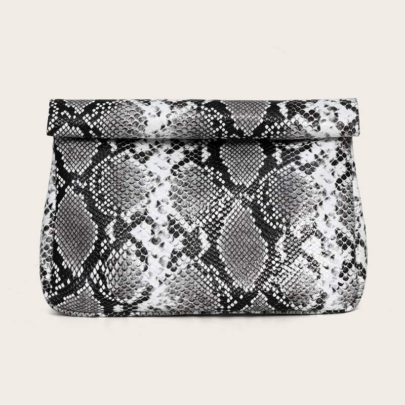 Snakeskin Graphic Clutch Bag, Black and white