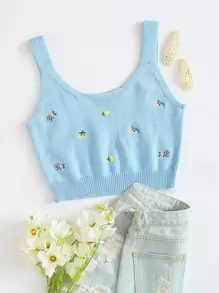 SHEIN 刺繡花卉短版針織上衣 - 淺藍色 - 查看 1