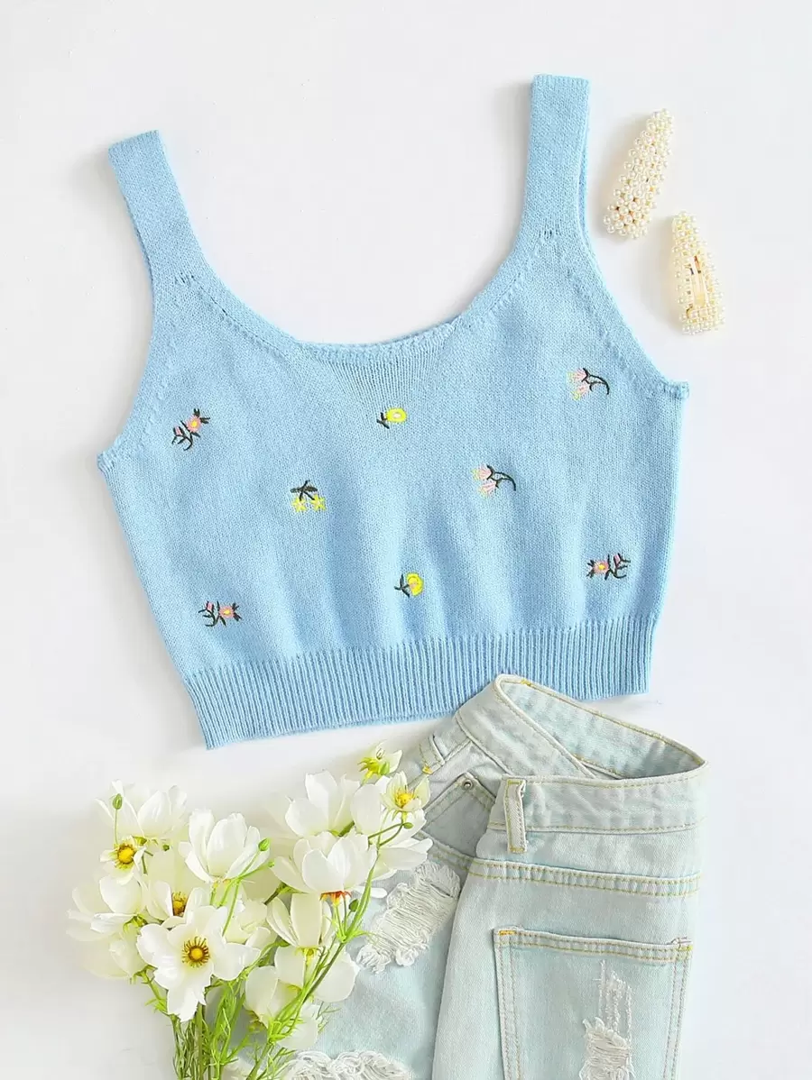 SHEIN 刺繡花卉短版針織上衣 - 淺藍色 - 查看 1