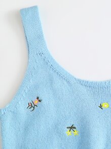 SHEIN 刺繡花卉短版針織上衣 - 淺藍色 - 查看 3