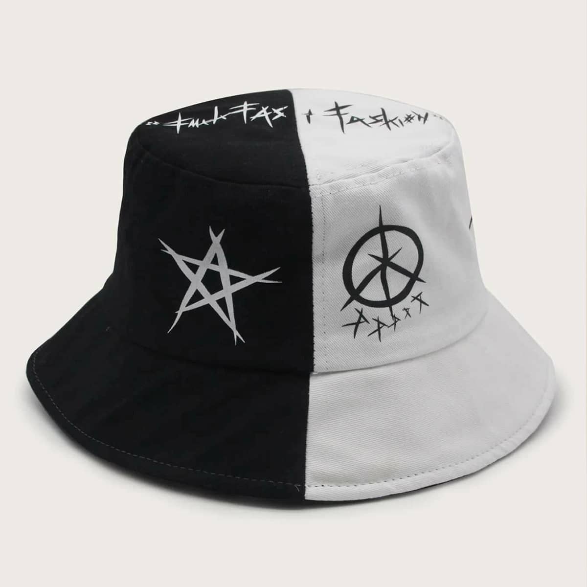 

Geometric Colorblock Bucket Hat, Black and white