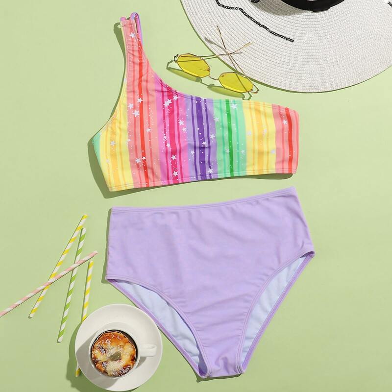 

Star & Rainbow Stripe One Shoulder Bikini Swimsuit, Multicolor