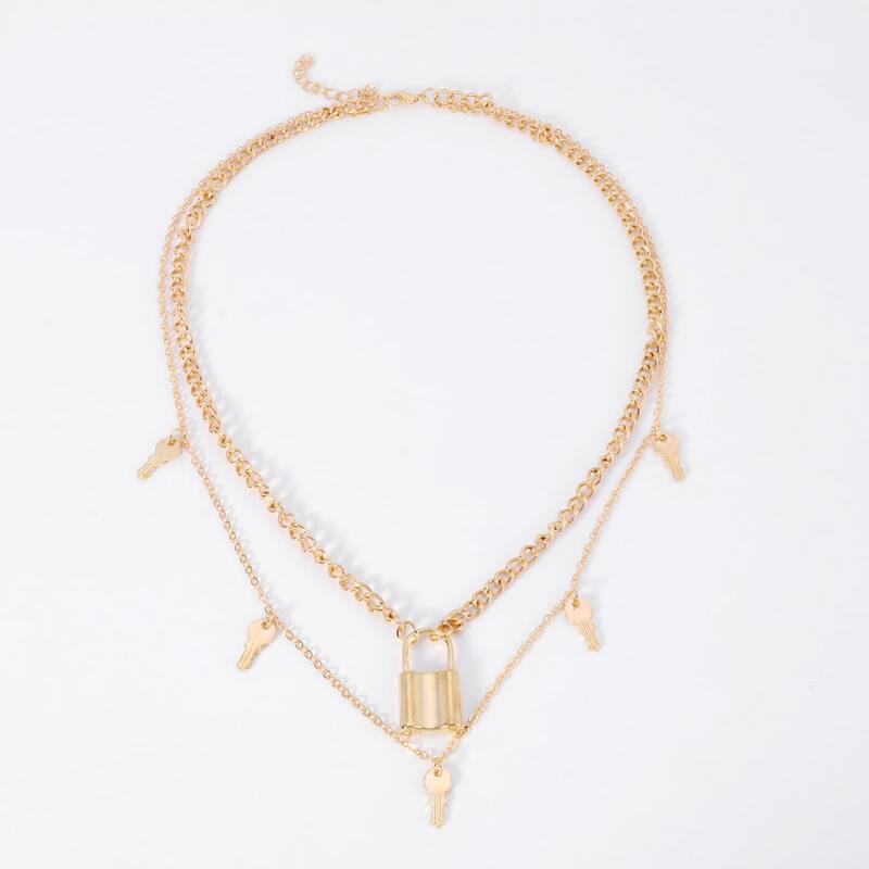 

Lock & Key Design Layered Chain Necklace, Gold