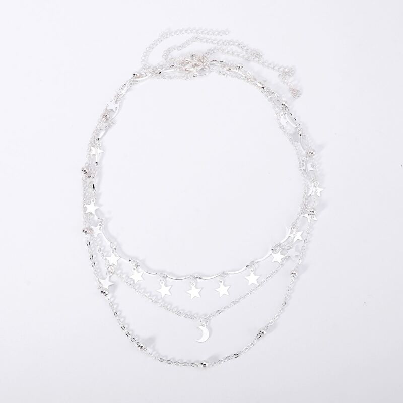 

3pcs Star & Moon Decor Chain Necklace, Silver