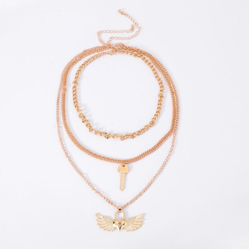 

2pcs Love Wings & Key Design Layered Necklace, Gold