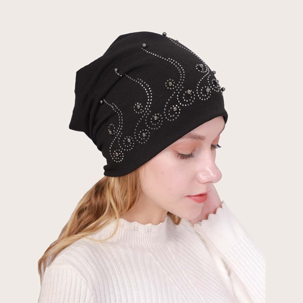 

Pearl Decor Turban Hat, Black