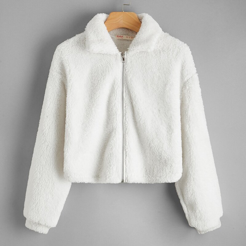 

Zip Up Teddy Crop Jacket, White