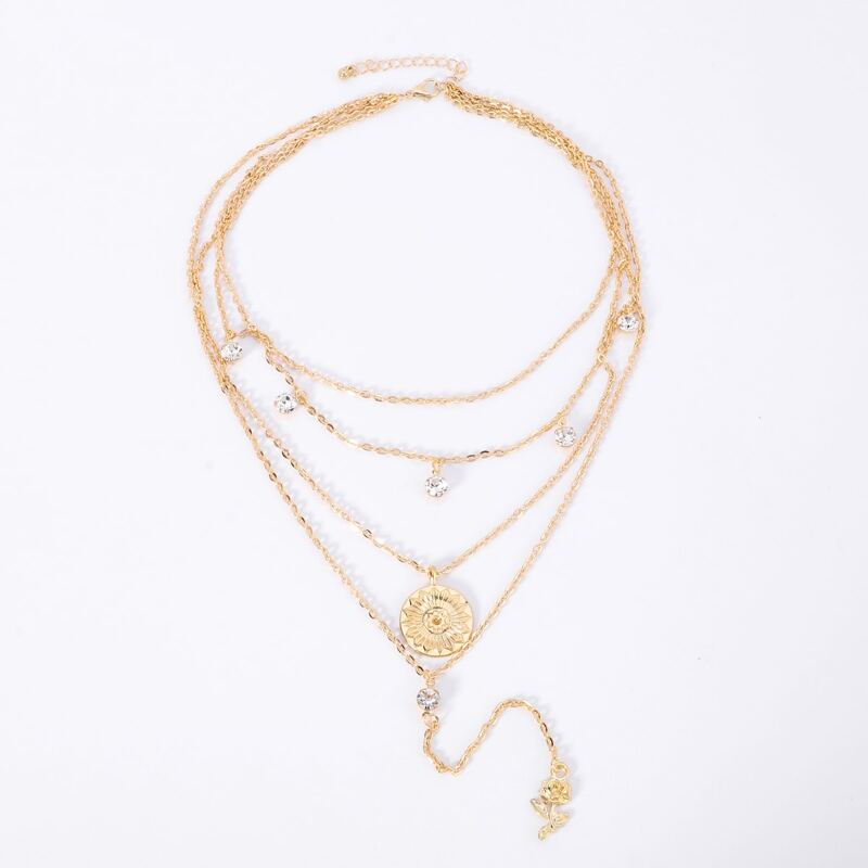 

Flower & Rhinestone Decor Layered Chain Necklace, Gold