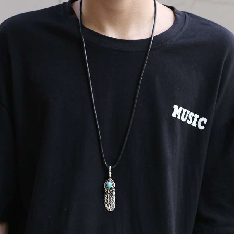 

Guys Feather Charm Necklace, Black