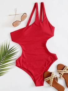 Cut Out One Shoulder One Piece Swimsuit - Red - View 1