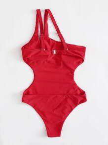 Cut Out One Shoulder One Piece Swimsuit - Red - View 2